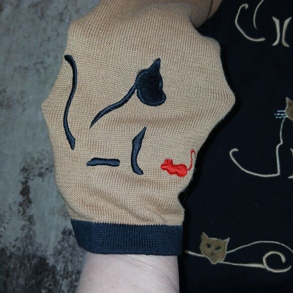 Cat Lover Knit Cardigan & Scarf Set Applique Embroidery | Black Tan | Size M... - Picture 14 of 16
